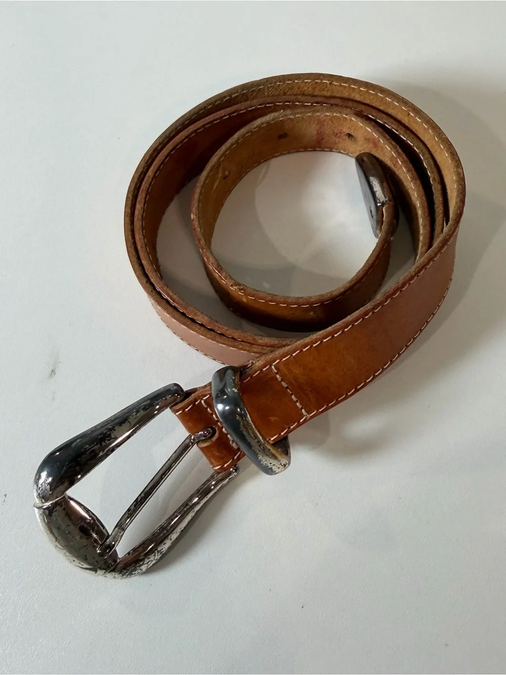 Linea Pelle by Mira K Medium Brown Genuine Leather Belt Distressed Silver Buckle